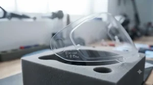Close-up of an ECE safety certification stamp etched onto the edge of a certified clear motorcycle visor.