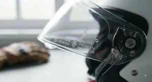 Detailed view of safety certification markings stamped on the edge of a certified clear motorcycle visor.