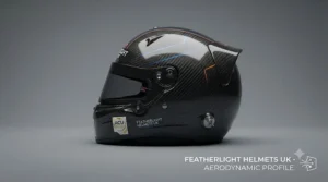 Side profile of the featherlight racing helmet demonstrating its aerodynamic shape designed for optimal airflow.