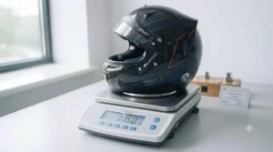 The featherlight racing helmet resting on a digital scale to highlight its ultra-lightweight carbon-fibre build.