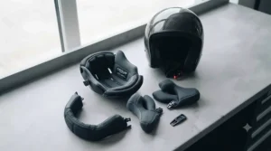 Breathable, moisture-wicking comfort padding removed from the interior of the featherlight racing helmet for washing.