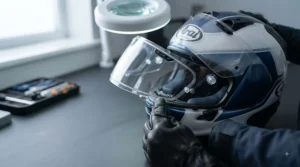 Step-by-step guide showing how to attach an anti-fog clear visor to a motorcycle helmet.
