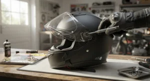 A gloved hand securely fastening a replacement clear visor onto a full-face motorcycle helmet inside a well-lit home garage.