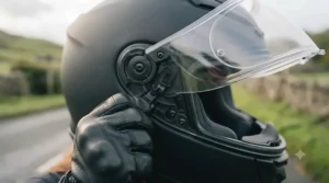Rider demonstrating how to release the side mechanism to remove a motorcycle helmet visor.