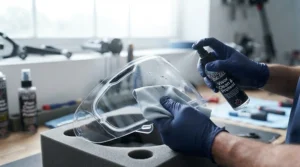 Hands gently wiping bug splatter off a clear motorcycle visor using a microfiber cloth and specialist cleaner.