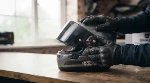 Step-by-step guide showing how to attach a replacement tinted visor to a helmet mechanism.