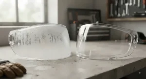 Close-up of hands correctly installing a moisture-resistant Pinlock insert onto a clear motorcycle visor.