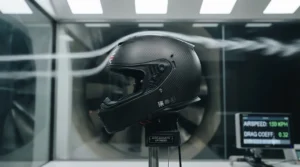 Wind tunnel airflow visualisation testing the aerodynamics of a lightweight carbon helmet during high-speed rides.