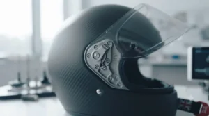 Anti-scratch and UV-protected clear visor mechanism fitted to a modern lightweight carbon helmet.