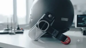 Secure double-D ring strap and micro-metric adjustment system on a secure lightweight carbon helmet.