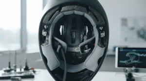 Official safety certification label and impact-absorption lining inside a certified lightweight carbon helmet.