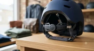 Close-up of a lightweight polycarbonate commuter helmet highlighting its ventilated design and CE safety certification markings.