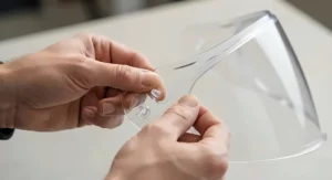 A clear motorcycle helmet visor with a Pinlock ready insert fitted against a neutral background.