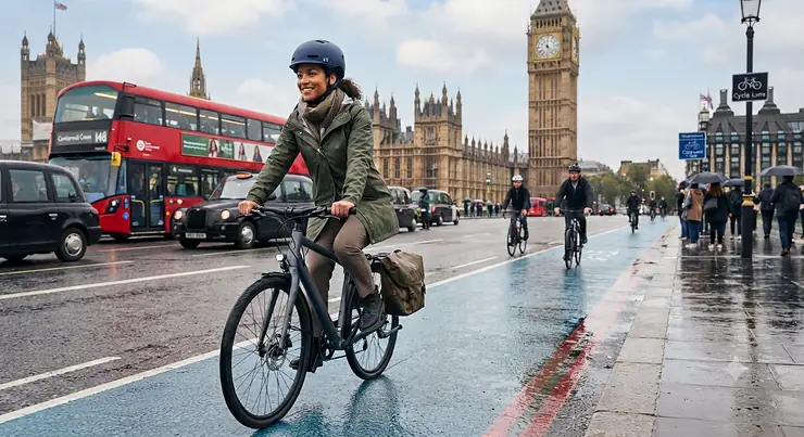 A cyclist wearing a durable polycarbonate helmet for commuting on a busy London street during the morning rush hour. polycarbonate helmet for commuting