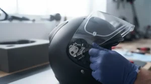 Rider using a tool-free quick-release mechanism to swap out a clear motorcycle visor on a helmet.