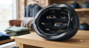 Side view of a polycarbonate helmet for commuting featuring high-visibility reflective strips for cycling safely after dark in the UK.