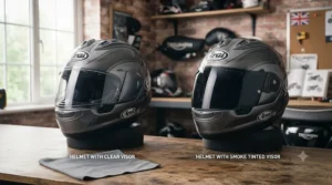 Side-by-side comparison demonstrating visibility through a replacement tinted visor in bright daylight.