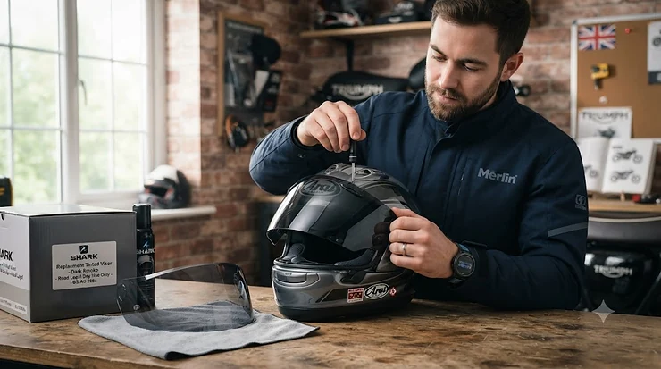 Replacement tinted visor fitted to a motorcycle helmet, shown against a neutral background. replacement tinted visor