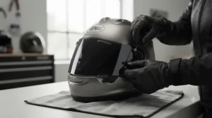 Commuter carefully installing a tinted visor on a full-face helmet before a morning ride.