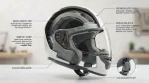Scooter rider navigating morning rush-hour traffic in central London wearing a protective helmet.