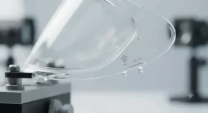 Detailed macro view of a durable, hard-coated clear visor surface designed to resist stone chips and road debris common on British roads.
