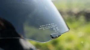Macro shot of a durable, anti-scratch coating on a premium smoke-tinted visor used for regular daytime commuting.