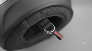 Secure chin strap buckle on an ultra-lightweight full face helmet for a snug fit.