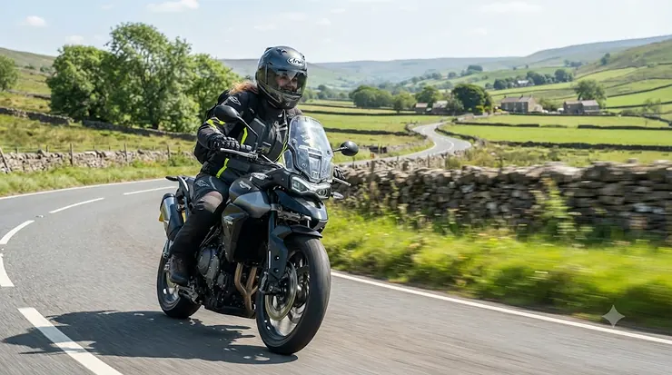 A motorcyclist riding on a British B-road on a bright sunny afternoon, wearing a helmet equipped with a smoke-tinted visor for glare reduction. smoke tinted visor for daytime riding