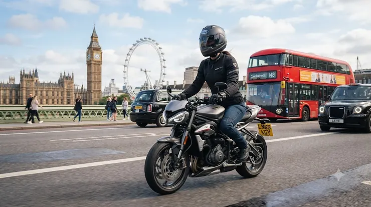 A motorcycle rider wearing a tinted visor for sunny commutes through central London traffic. tinted visor for sunny commutes
