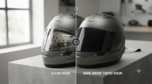 Side-by-side comparison demonstrating glare reduction using a tinted visor for sunny commutes.