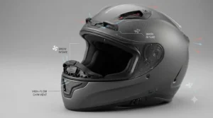 Close-up of the ventilation ports on an ultra-lightweight full face helmet showing optimal airflow design.
