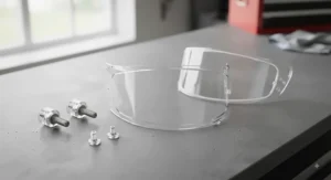 Flat lay arrangement showing a clear visor, silicone seal insert, and eccentric pins ready for assembly.