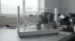 Informational diagram showing the 50 percent minimum light transmission rule for a legal tinted visor for road use in the UK. It uses a percentage scale from 0 to 100, with a green tick at 50% indicating compliance and a red cross below 50% indicating illegality.