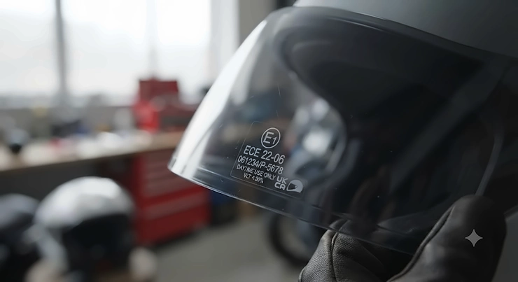 Close-up of the ECE 22-06 safety standard approval label on a visor, ensuring compliance for legal road riding across the UK. The label includes the E mark and specific approval numbers. legal tinted visor for road use
