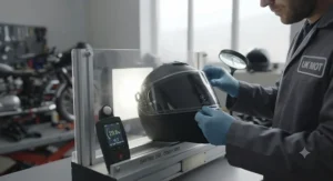 Mechanic in a workshop inspecting a motorcycle visor during an MOT test using a light meter to check if it qualifies as a legal tinted visor for road use according to UK standards.