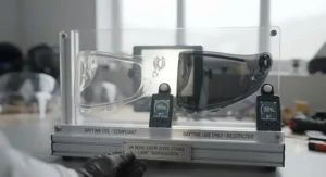 Side-by-side comparison chart illustrating daytime light transmission limits for a legal tinted visor for road use. The chart features a clear visor labelled 'daytime use compliant' next to a dark smoke visor labelled 'daytime use only restricted', with light meters displaying high and low readings respectively.