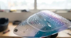 An anti-fog pinlock insert fitted inside a high-performance mirror visor for clear vision during wet British track sessions.