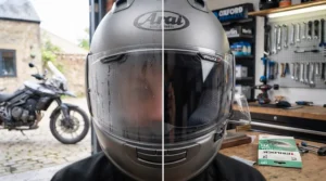 A split-screen comparison showing a steamed-up motorcycle visor on one side and a crystal-clear view through a Pinlock insert on the other.