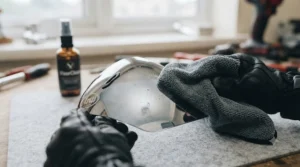 Cleaning a mirrored motorcycle helmet visor with a soft microfiber cloth to protect the delicate metallic outer coating from scratches.