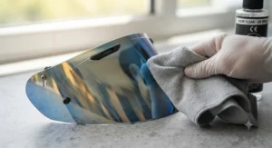 Microfibre cloth and specialist cleaner cleaning smudges off a coloured iridium visor