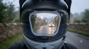 A rider's perspective looking through a universal Pinlock insert during a damp, rainy evening ride under UK street lighting.