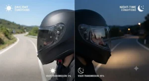 Illustration showing day-to-night transition features of an adaptable motorcycle visor