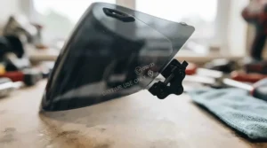 Detailed macro view of a manufacturer safety stamp and 'Daytime Use Only' compliance marking on a tinted motorcycle visor.