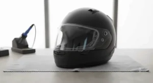 Crystal clear, fog-free motorcycle helmet visor after successful pinlock insert fitting kit installation.