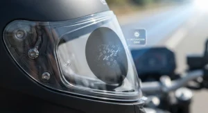 Diagram illustrating how UV light activates tint-changing photochromic visor technology