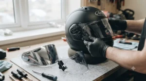 Hands demonstrating a quick-release mechanism to swap a standard clear visor for a mirrored replacement on a certified helmet.