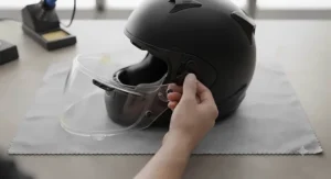Motorcyclist removing a helmet visor as the first step in the pinlock insert fitting guide.