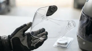 Step-by-step illustration showing how to install a replacement photochromic visor onto a helmet mechanism.