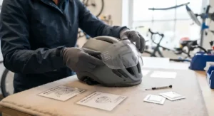 Hands clipping a replacement photochromic visor onto a commuter helmet following standard maintenance steps