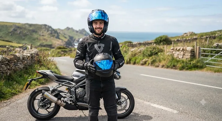 Glossy blue iridium visor fitted to a full-face motorbike helmet reflecting bright daylight outdoors iridium visor for motorbike